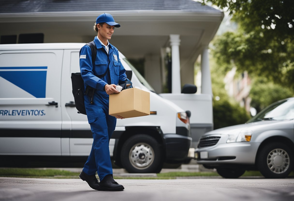 Um carteiro entregando um cartão de crédito na porta