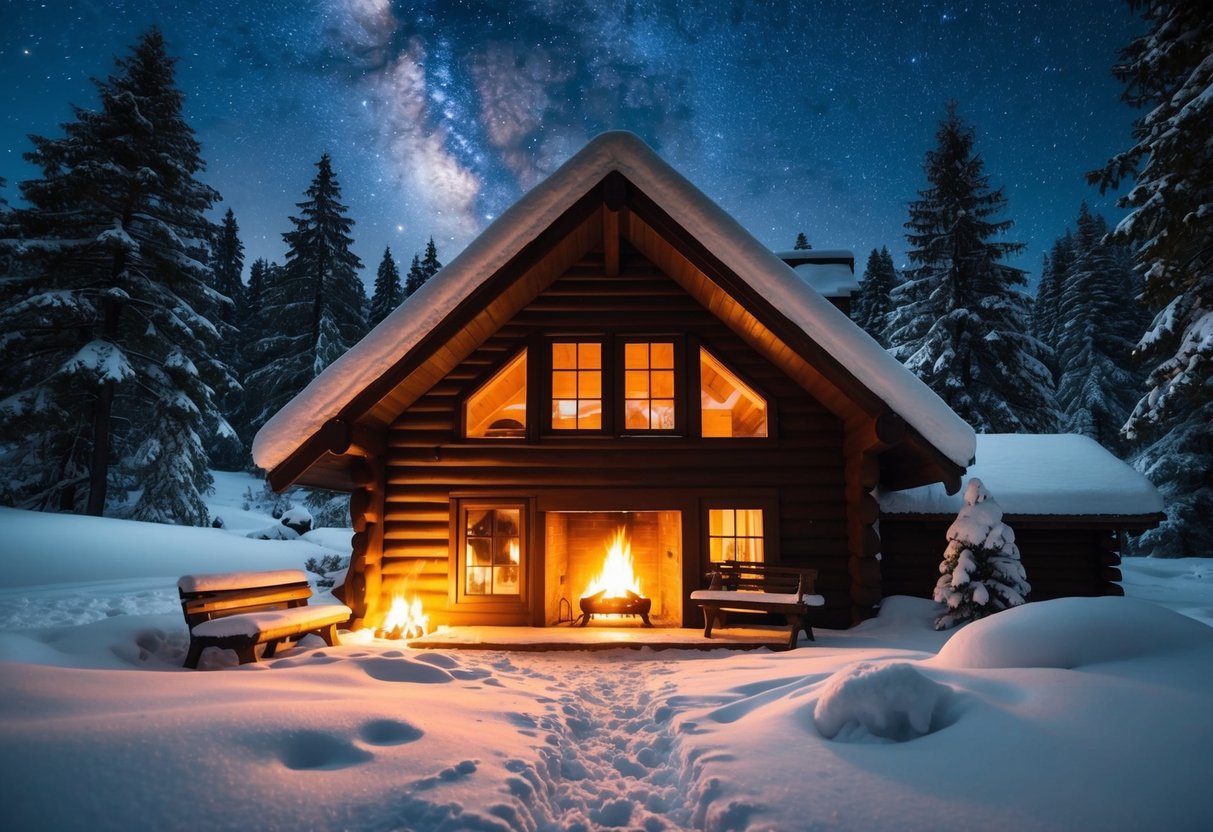 A cozy cabin nestled in a snow-covered forest, with a warm fire crackling in the fireplace and a starry sky overhead