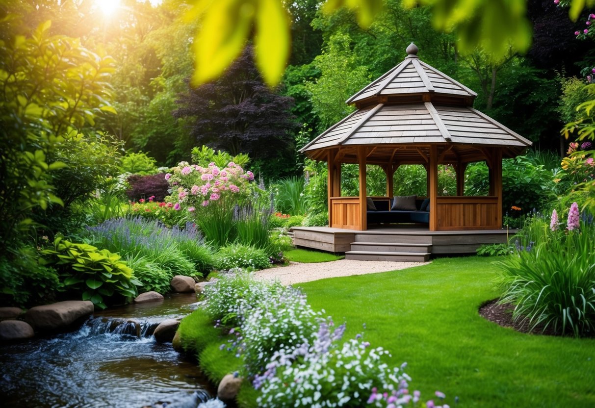 A tranquil garden with a wooden meditation hut surrounded by lush greenery and blooming flowers, with a peaceful stream flowing nearby