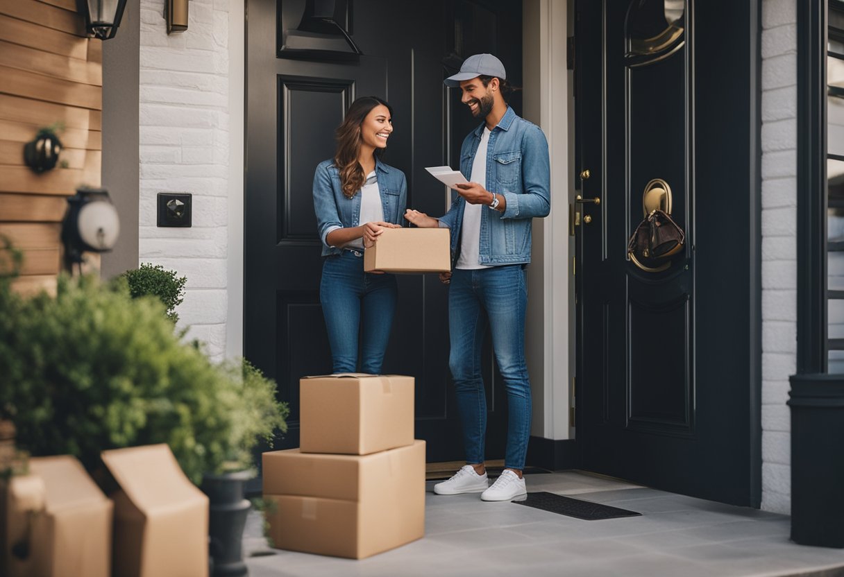 Uma pessoa recebe a entrega do cartão PAN na porta de sua casa, com um entregador entregando o pacote.