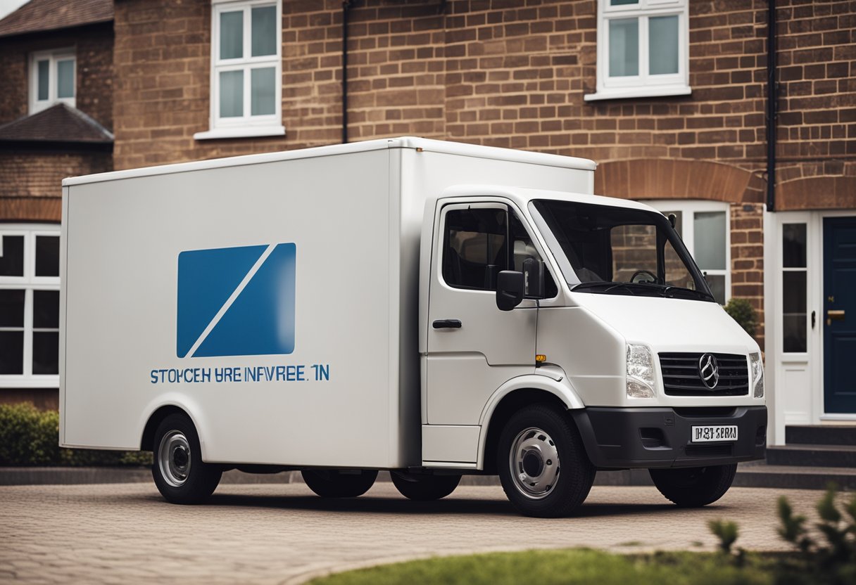 Um caminhão de entrega estacionado do lado de fora de uma casa, com um entregador entregando um cartão PAN a um cliente.