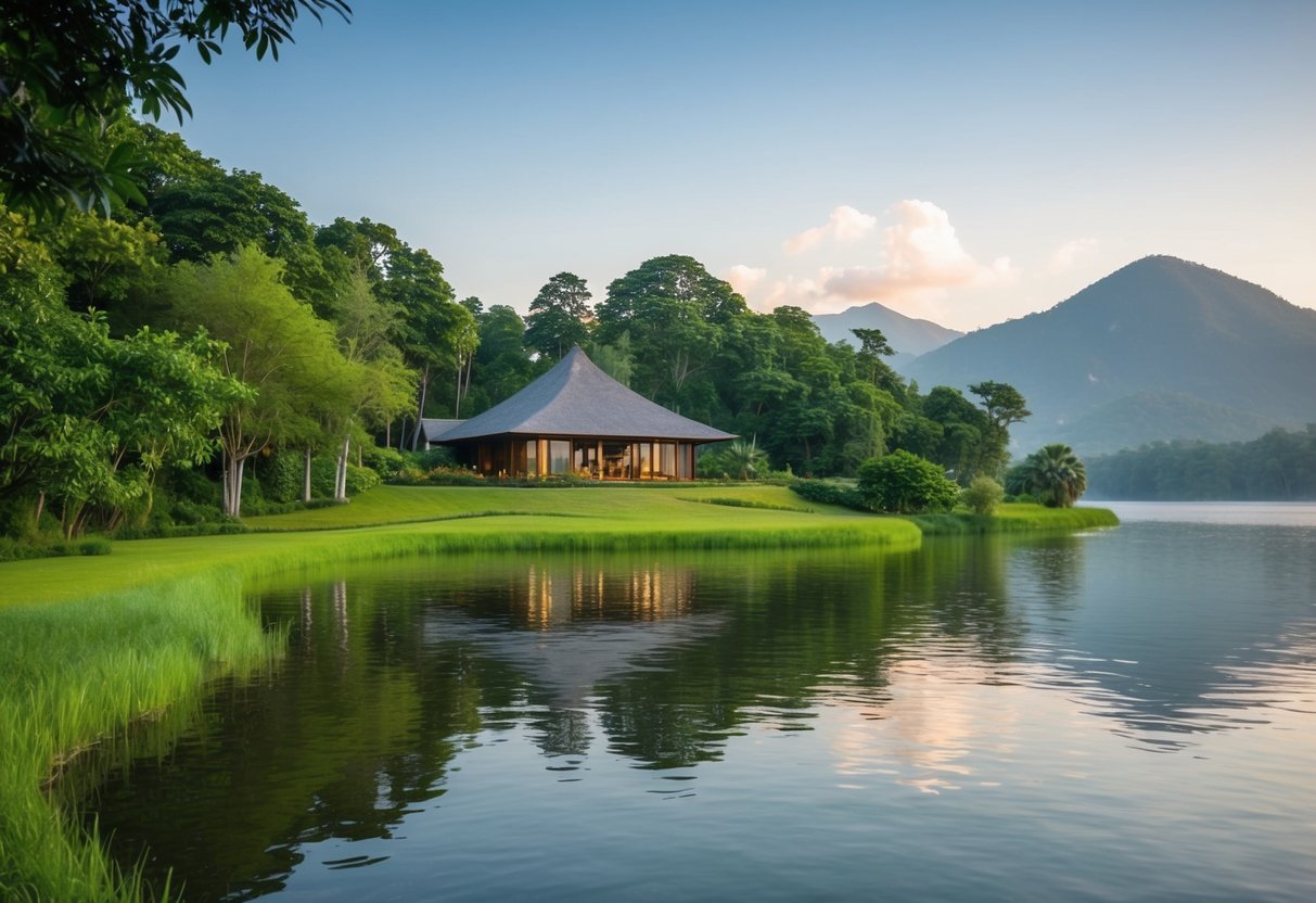 A serene landscape with a peaceful meditation retreat nestled among lush greenery, surrounded by tranquil water and mountains in the distance