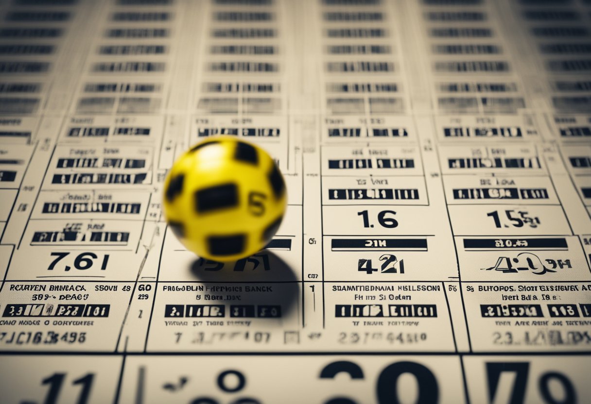 Um bilhete de loteria com bolas numeradas sendo sorteadas de uma máquina