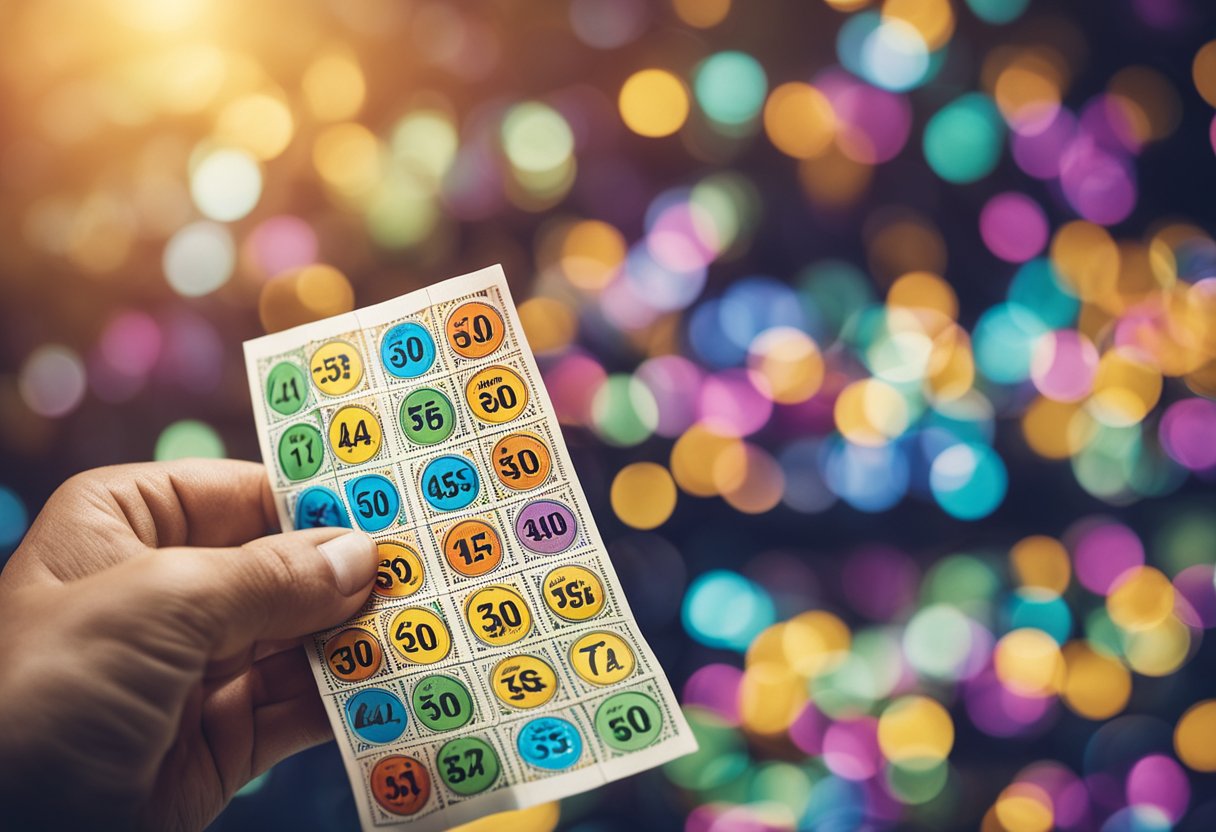 Um bilhete de loteria colorido com 50 círculos numerados, e um bilhete vencedor com os números correspondentes destacados