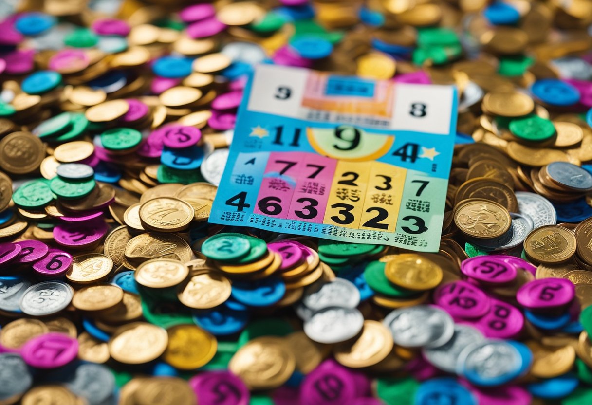 Um bilhete de loteria colorido com números circulados, cercado por uma pilha de moedas e uma explosão de confete celebratório