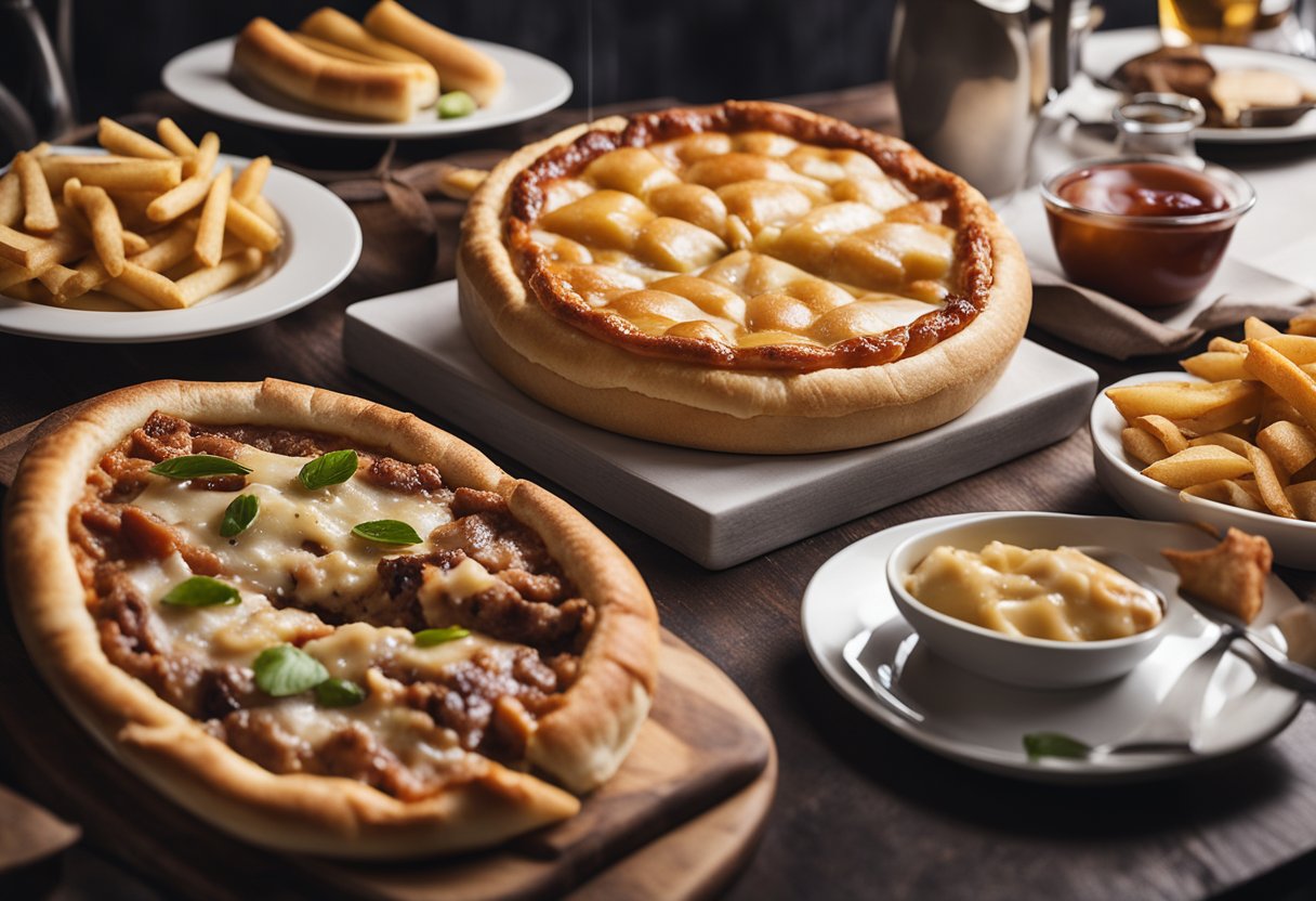 Uma mesa posta com pratos clássicos americanos: hambúrgueres, cachorros-quentes, torta de maçã e uma fatia de pizza