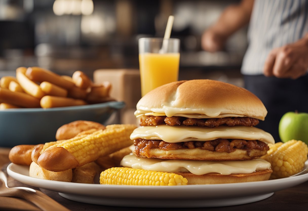 Uma mesa carregada com pratos icônicos americanos: torta de maçã, cachorros-quentes, hambúrgueres, frango frito, milho na espiga e uma pilha alta de panquecas fofas.