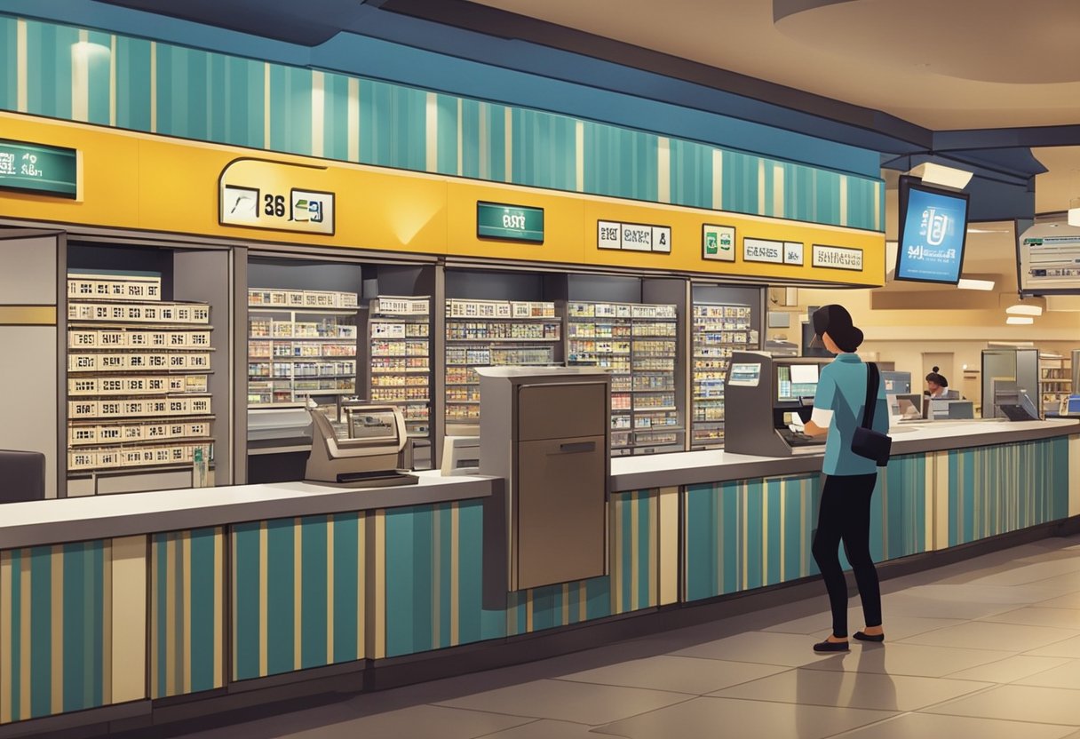 Uma pessoa entra em uma agência de loteria, se aproxima do balcão e preenche a papelada para abrir uma nova conta.