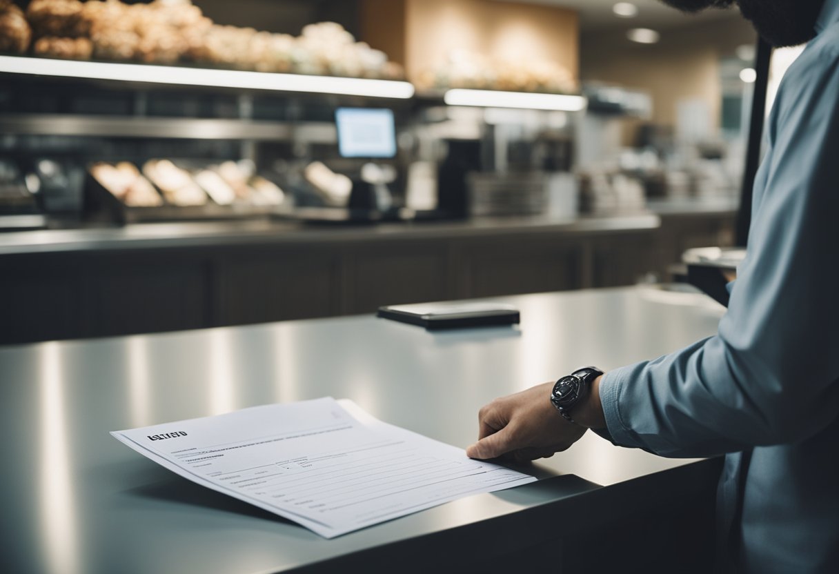 Uma pessoa em pé no balcão de uma lotérica, preenchendo documentos para abrir uma nova conta