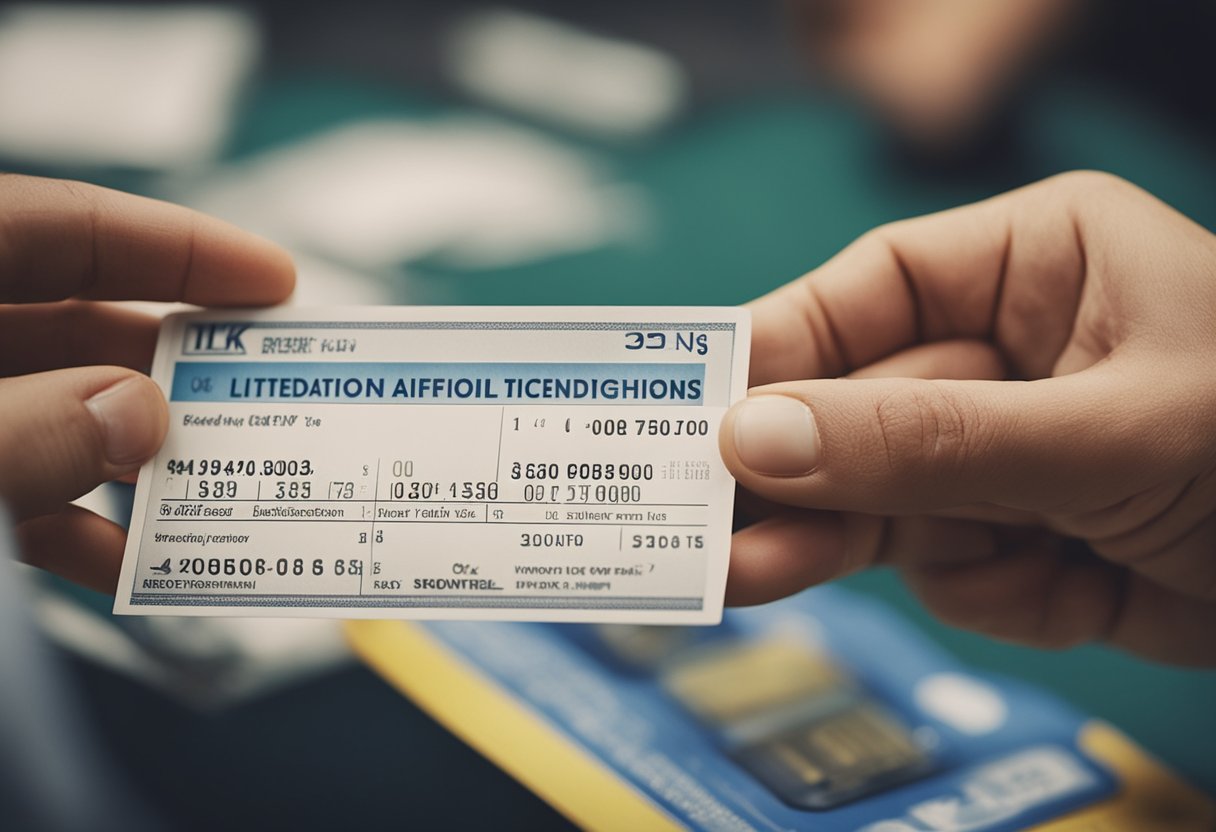 Uma pessoa entregando identificação e documentos a um atendente da loteria