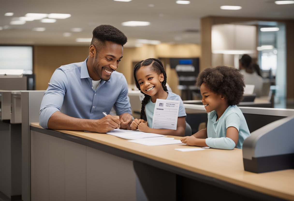Um pai e uma criança estão sentados em uma mesa do banco Bradesco, preenchendo juntos a papelada. O caixa do banco sorri enquanto eles entregam os formulários preenchidos.