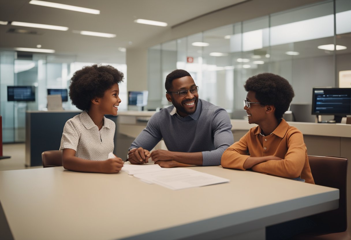 Um pai e uma criança estão sentados em uma mesa do banco Bradesco, discutindo a abertura de uma conta de poupança para menores. Um representante amigável do banco os ajuda com a papelada e explica o processo.