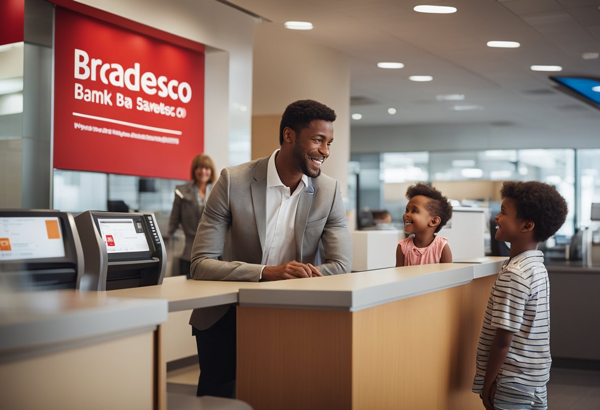 Uma criança e um pai em uma agência do banco Bradesco, conversando com um caixa sobre a abertura de uma conta poupança para menores.