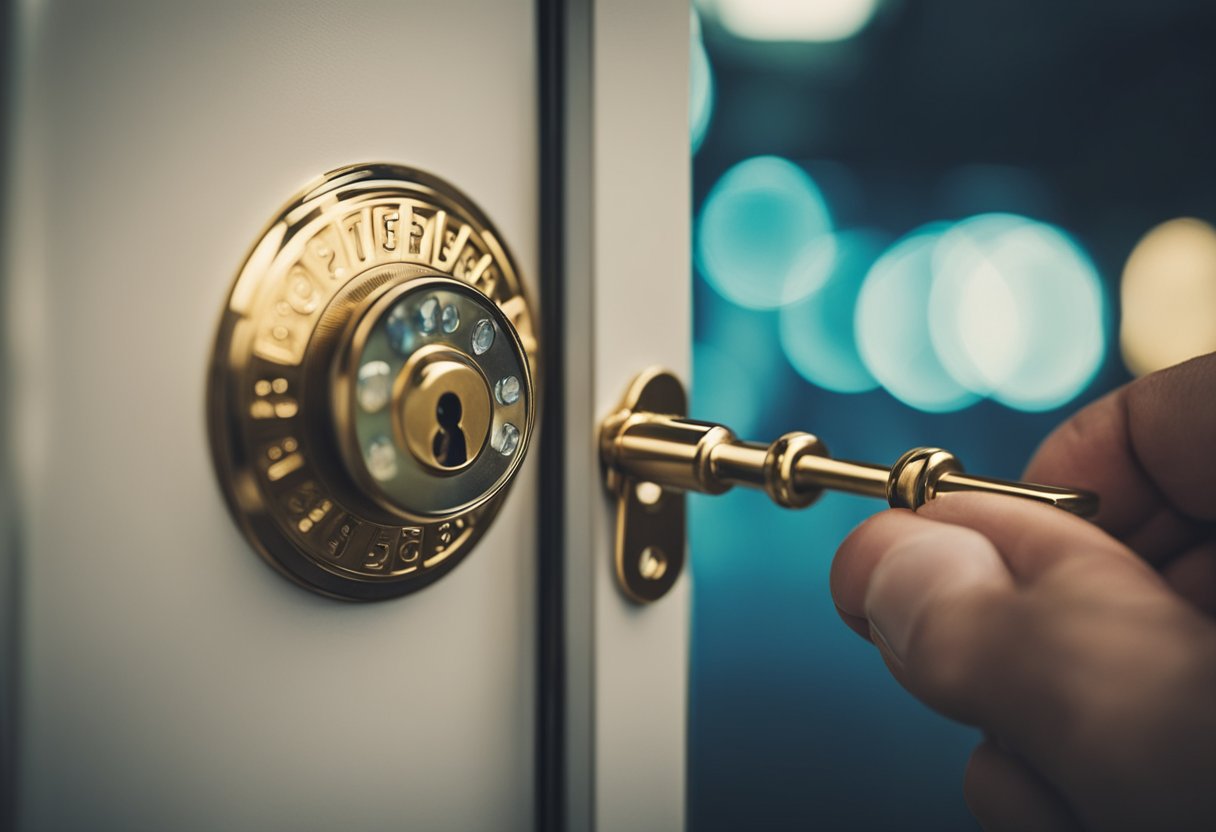 Uma pessoa abrindo a porta de um escritório de loteria com uma chave