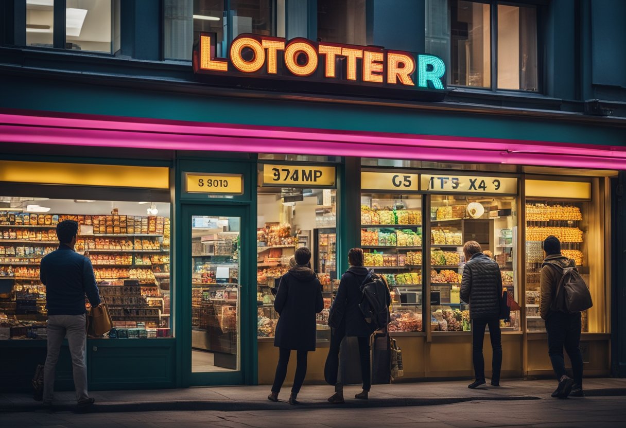 Uma vitrine colorida com uma grande placa anunciando serviços de loteria, cercada por clientes ansiosos comprando bilhetes e conferindo seus números.