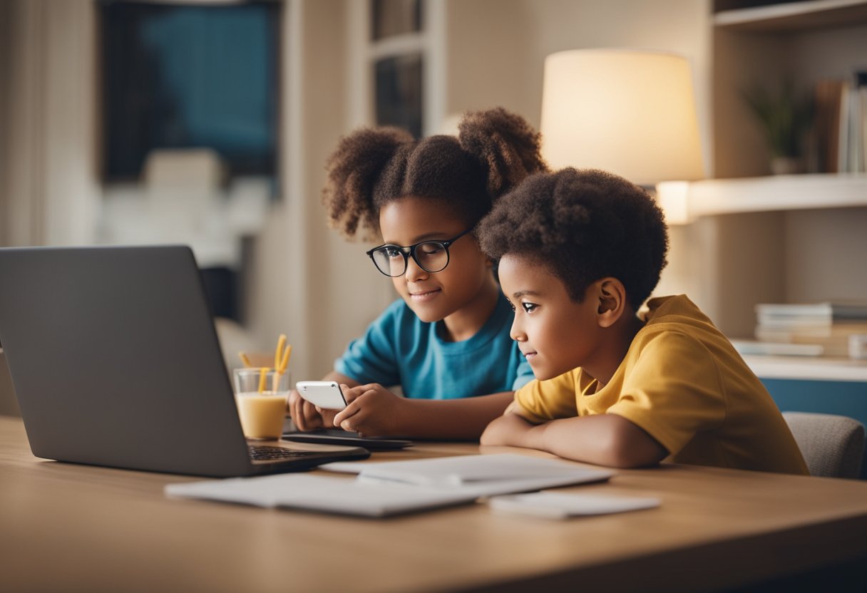 Uma criança sentada em uma mesa com um laptop, um pai orientando-a no processo de abertura de uma conta bancária digital para menores.