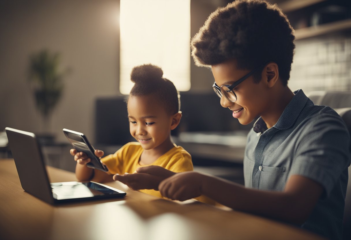 Uma criança usando um tablet para abrir uma conta bancária digital com um pai orientando-a durante o processo