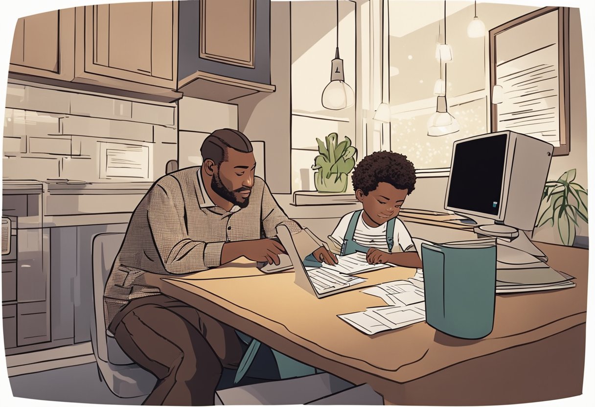 Um pai e uma criança estão sentados em um computador, preenchendo formulários juntos. A criança observa ansiosamente enquanto o pai insere suas informações pessoais para abrir uma conta bancária digital para menores.