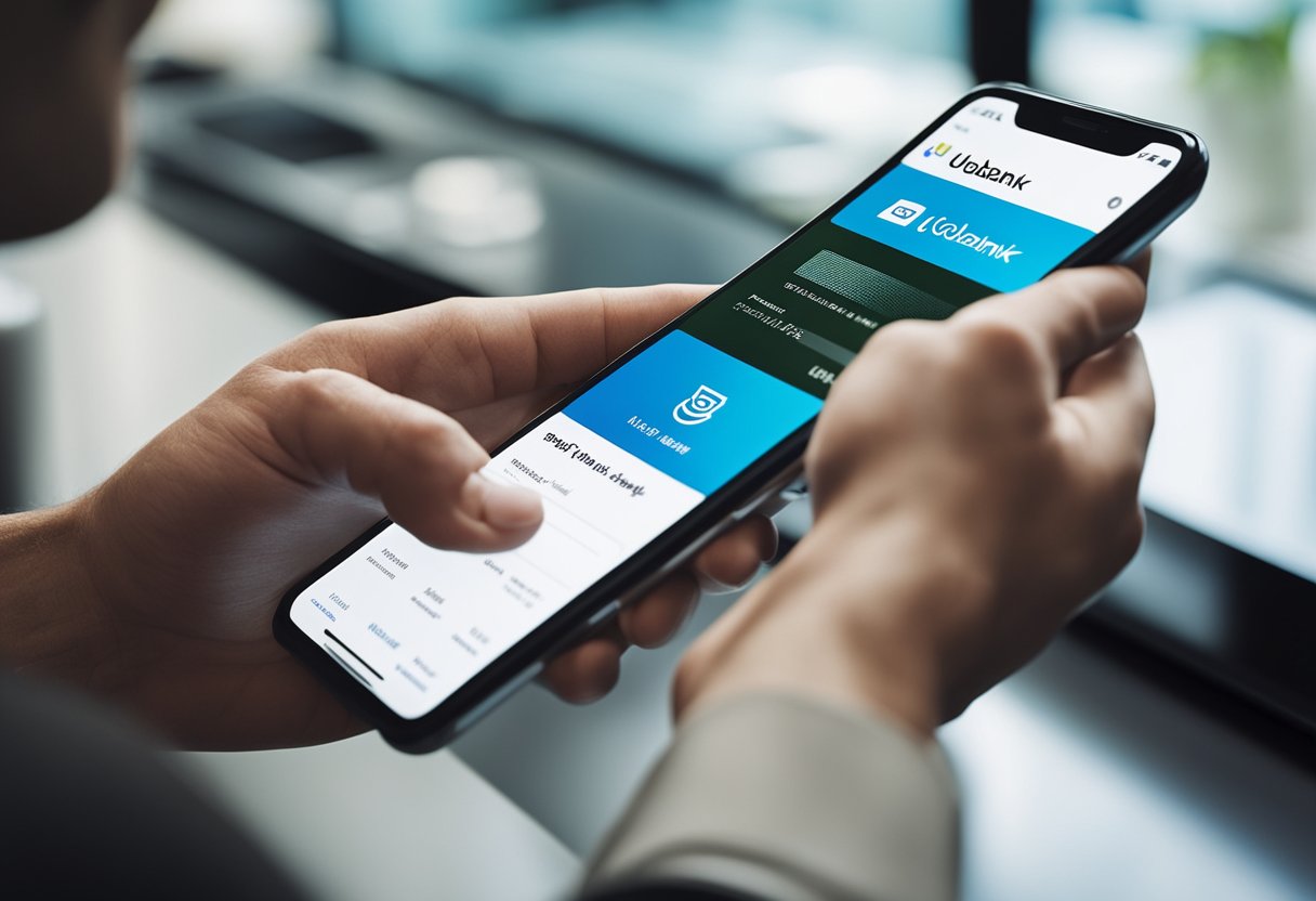 Uma pessoa usando um smartphone para abrir uma conta digital Unobank, com uma interface elegante e moderna exibida na tela