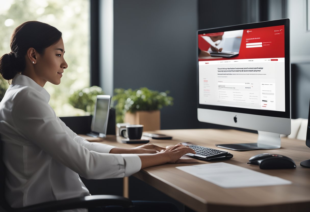 Uma pessoa sentada em uma mesa preenchendo documentos, com uma tela de computador exibindo o site do Santander aberto na página para abrir uma conta MEI.