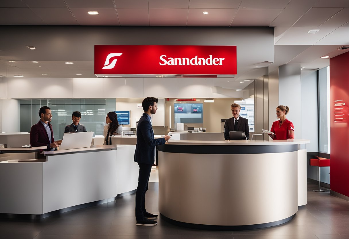 Uma pessoa em pé em uma agência do banco Santander, conversando com um representante do banco e preenchendo documentos para abrir uma conta MEI.