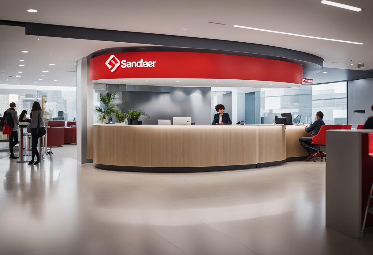 Uma pessoa preenchendo documentos em uma mesa em uma agência do banco Santander para abrir uma conta MEI.