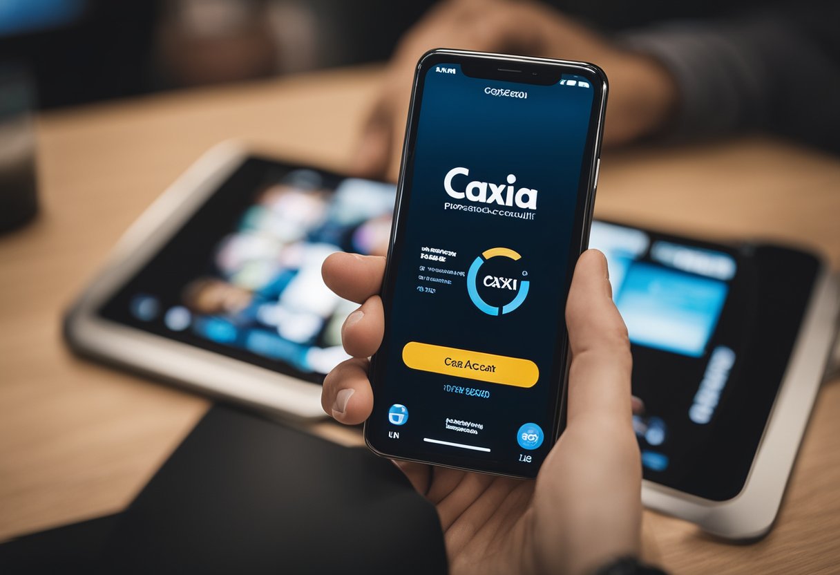 A mão de uma pessoa segurando um smartphone com o logo da Caixa na tela, enquanto toca no botão "Abrir Conta".
