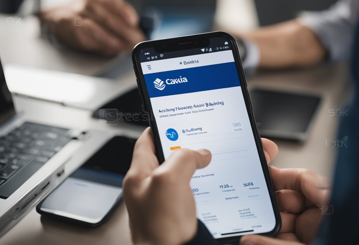 Uma pessoa usando um smartphone para acessar um aplicativo bancário, com o logo da Caixa exibido na tela e um formulário virtual para abrir uma conta visível.