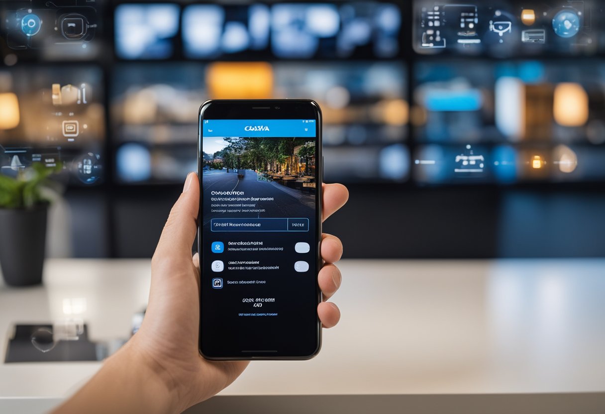 Uma tela de smartphone exibindo o aplicativo Caixa sendo instalado, com um tour virtual do processo de abertura de conta na tela.
