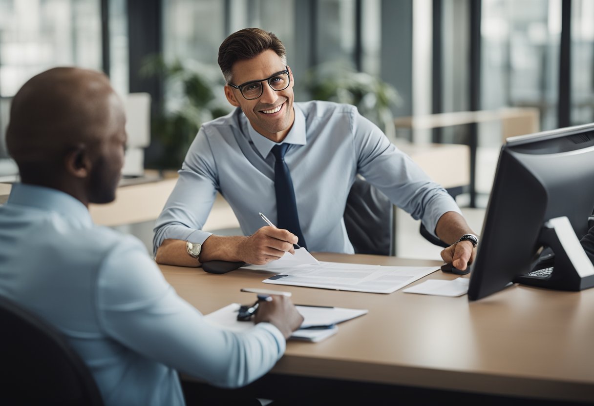 Um cliente sentado em uma mesa com um representante do banco, preenchendo documentos e fornecendo identificação para abrir uma nova conta no Banco Millenium.