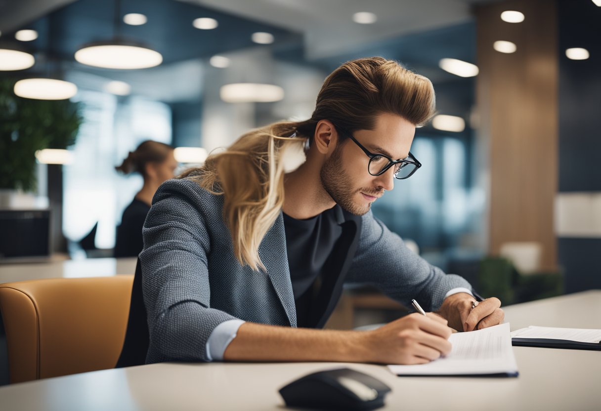 Um cliente preenchendo documentos em uma mesa em uma agência bancária moderna