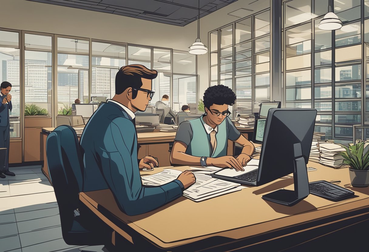 Uma pessoa sentada em uma mesa com um laptop, preenchendo documentos, enquanto um funcionário do banco a assiste.