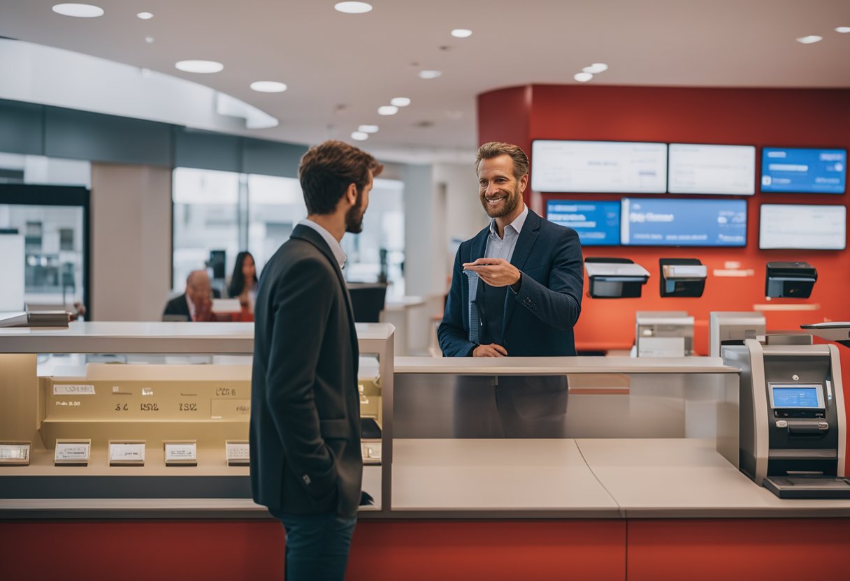 Uma pessoa em pé em uma agência Santander Van Gogh, interagindo com um caixa para abrir uma conta.