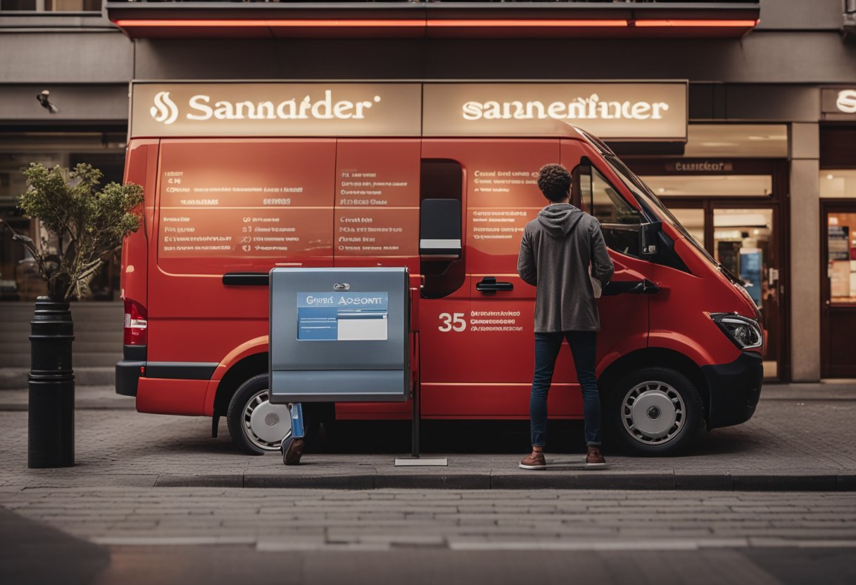 Uma pessoa em pé em frente a uma agência do Santander Van Gogh, segurando um passaporte e preenchendo documentos para abrir uma conta.