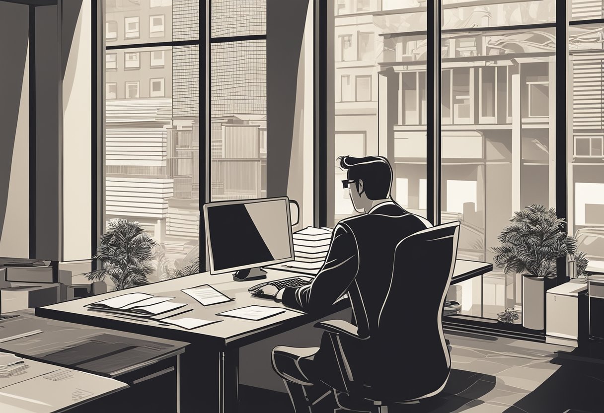 Uma pessoa sentada em uma mesa com um laptop, preenchendo documentos enquanto conversa com um representante do banco.