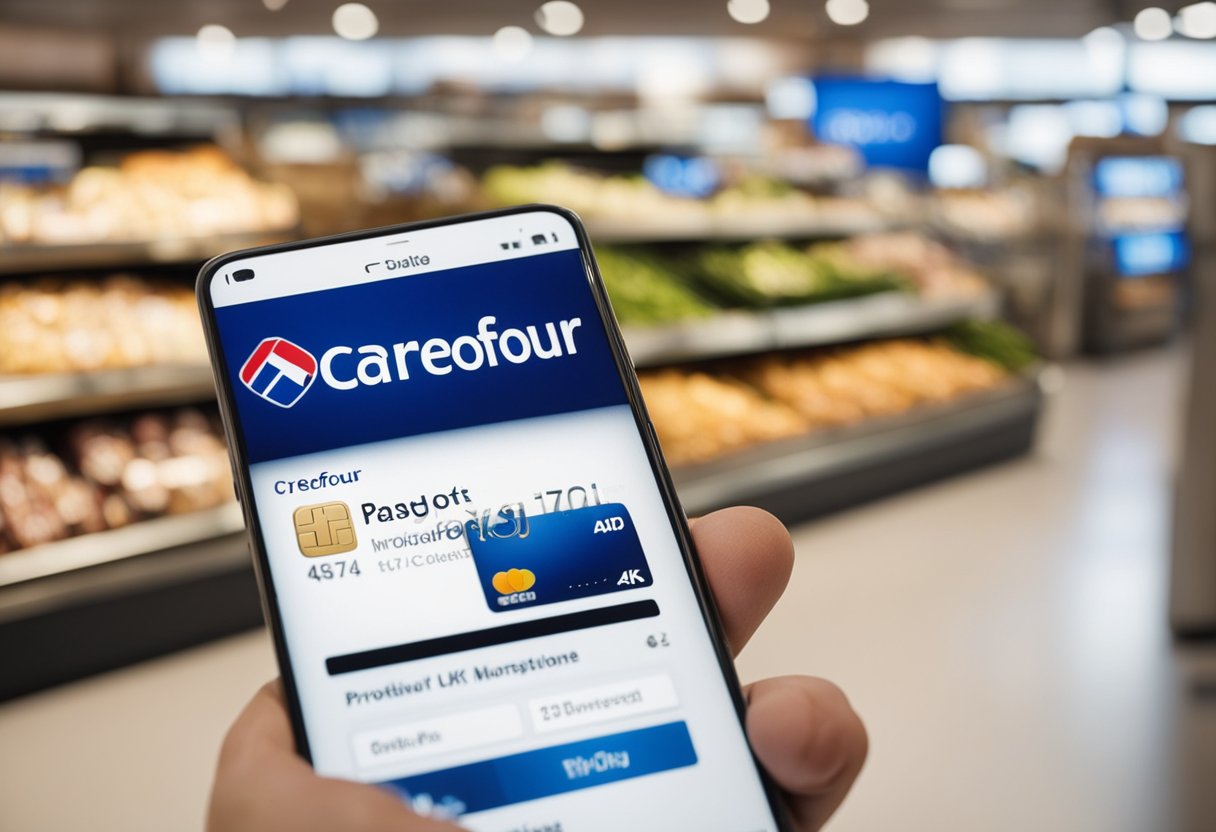 Uma pessoa usando um smartphone para navegar no site do Carrefour, com um cartão de crédito e o logo do Carrefour ao fundo.
