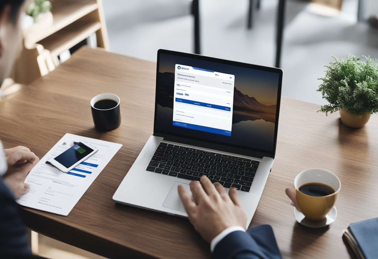 Uma pessoa sentada em uma mesa com um laptop aberto, navegando no site do Carrefour para acompanhar sua proposta de cartão de crédito.