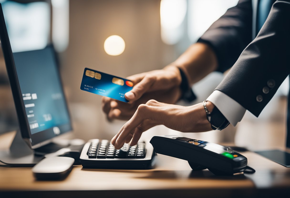 Uma mão segurando um cartão de crédito e pairando sobre um terminal de pagamento em uma tela de computador