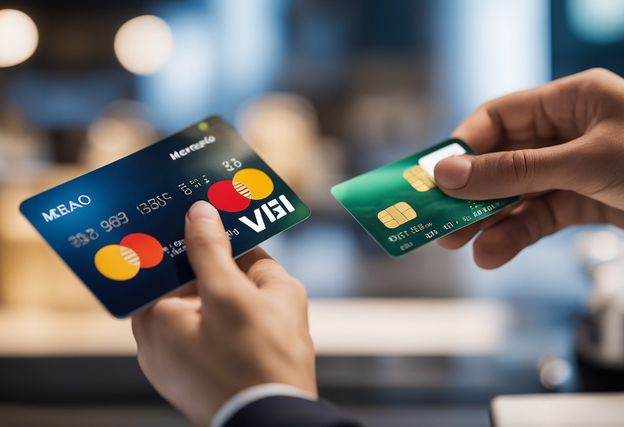 Uma mão segurando um cartão de crédito paira sobre a tela de um smartphone exibindo o aplicativo do Mercado Livre. A mão se move para tocar o botão "Adicionar Cartão".