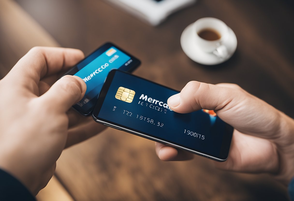 Uma mão segurando um cartão de crédito paira sobre a tela de um smartphone exibindo o aplicativo do Mercado Livre. O botão "Adicionar Cartão" está destacado.