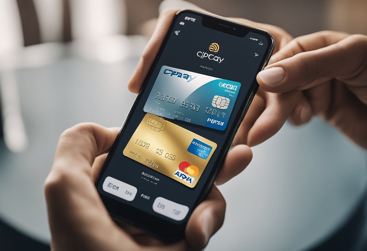 Uma mão segurando um cartão de crédito, inserindo-o em um telefone celular com o aplicativo PicPay aberto, com um símbolo de dinheiro indicando uma transação.