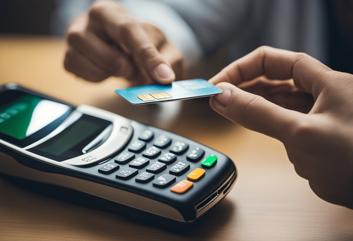 Uma pessoa segurando um cartão de crédito e usando um smartphone para adicionar dinheiro à sua conta PicPay