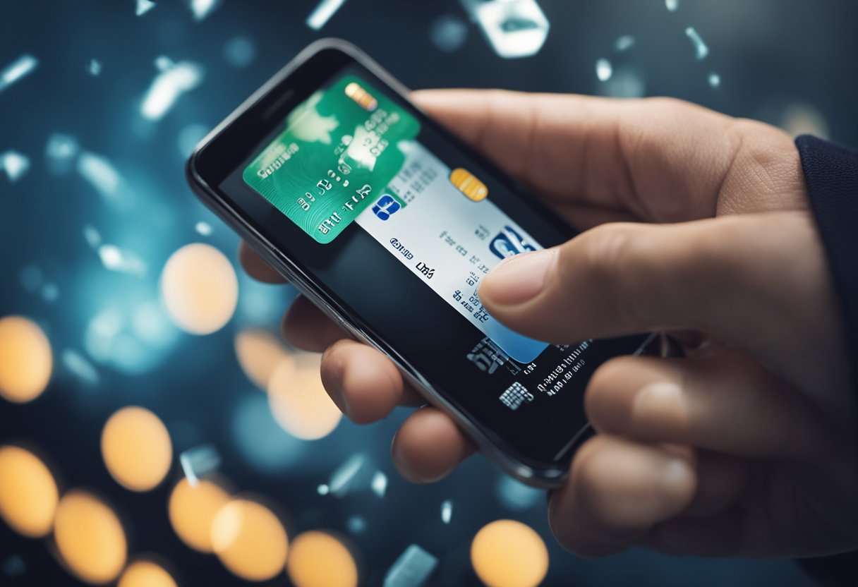 Uma mão segurando um cartão de crédito e tocando na tela de um smartphone com o aplicativo PicPay aberto, com um símbolo de dinheiro e um sinal de mais indicando a ação de adicionar dinheiro.