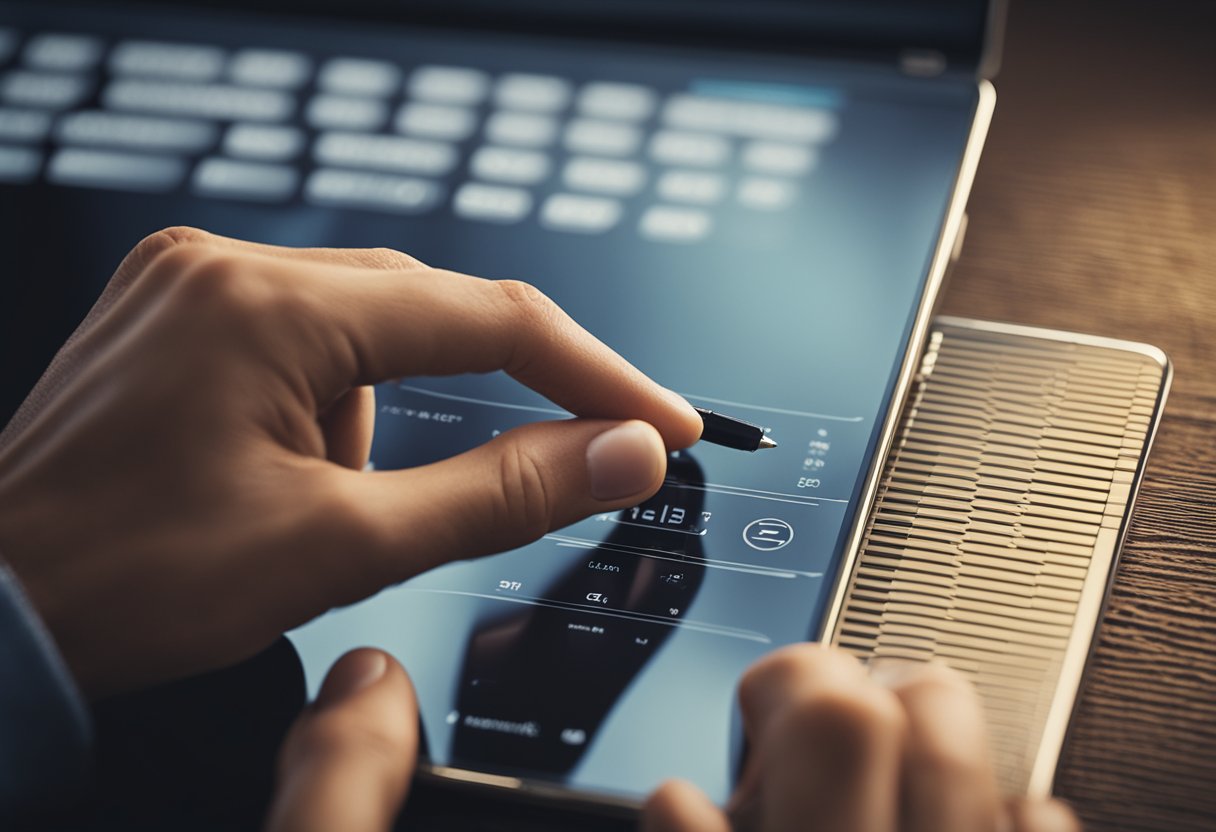 Uma mão se estendendo em direção a um tablet de assinatura digital, com uma caneta stylus pronta para fazer uma alteração