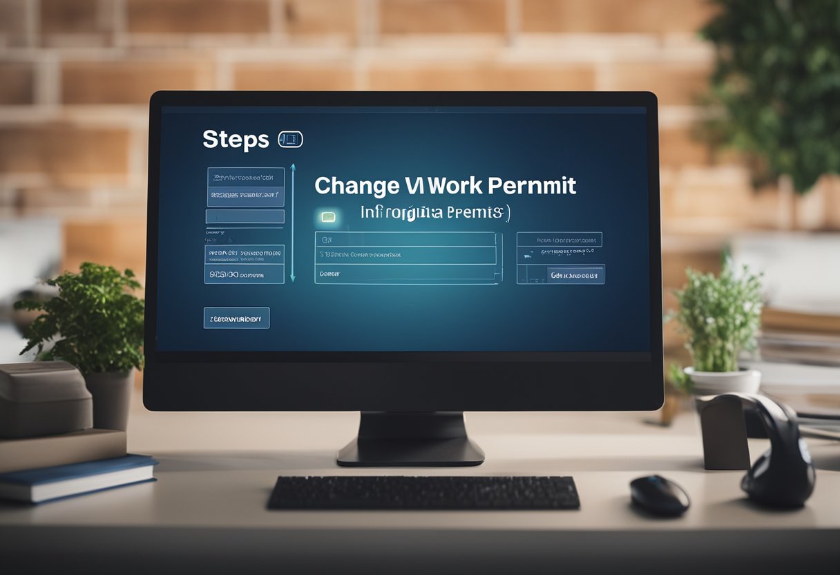 Uma tela de computador exibindo os passos para alterar informações na autorização de trabalho digital, com um cursor de mouse clicando nas opções relevantes.