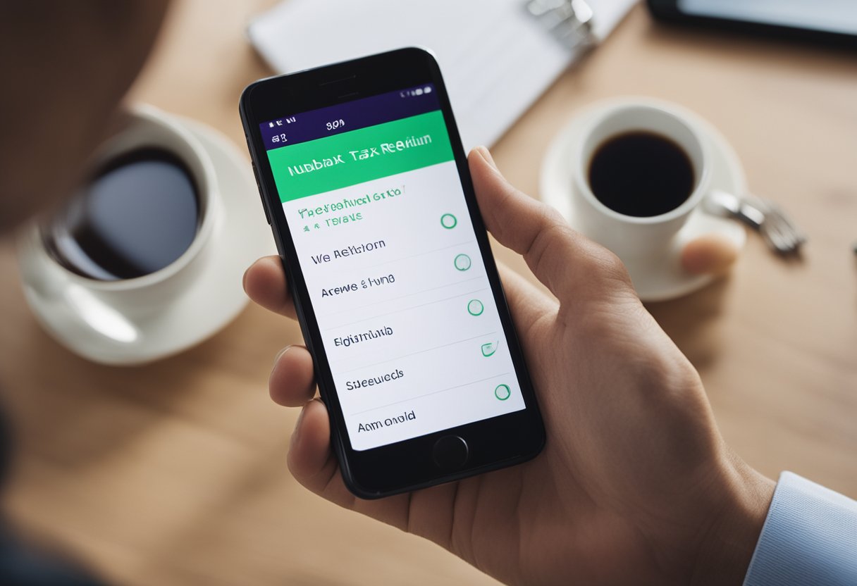 Uma pessoa usando um smartphone para acessar o aplicativo Nubank e navegando pelas opções para antecipar a restituição do imposto de renda.