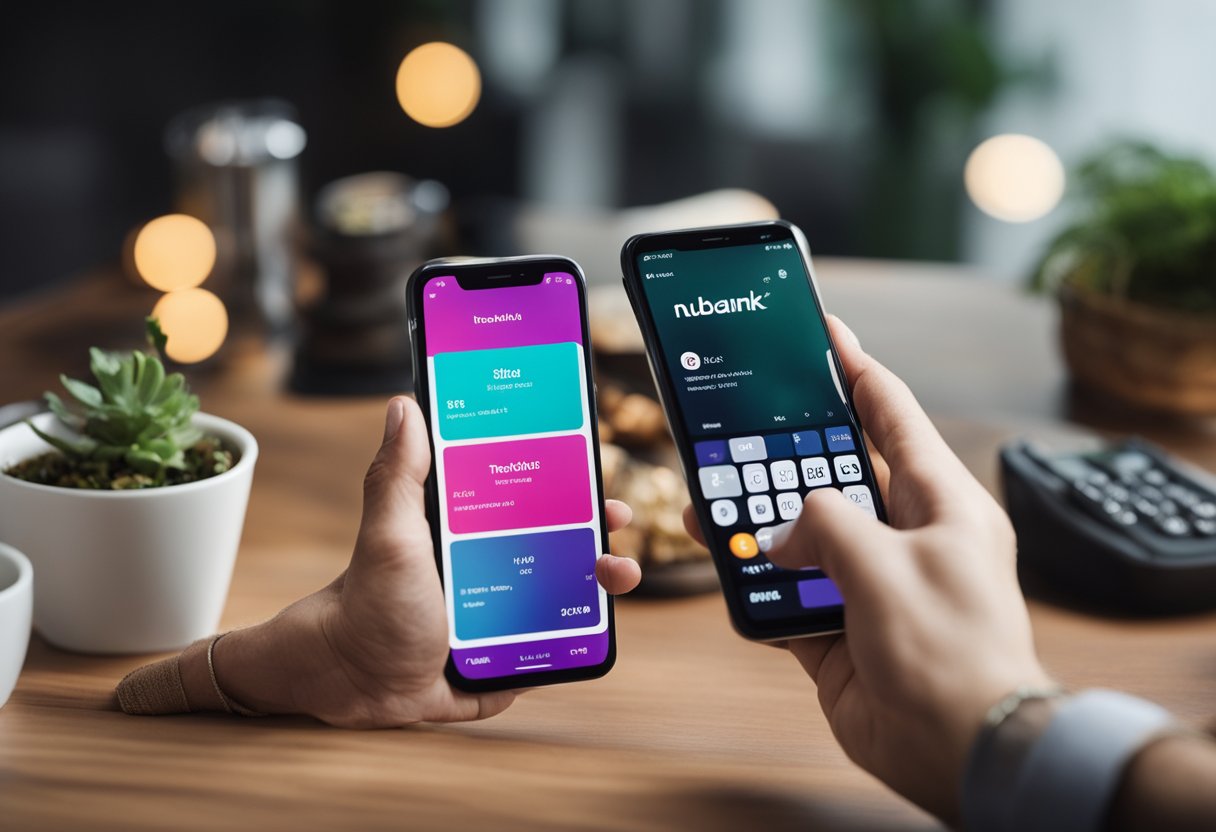 Uma pessoa usando um smartphone para acessar o aplicativo Nubank, selecionando a opção de antecipar a restituição de impostos e completando o processo com facilidade.