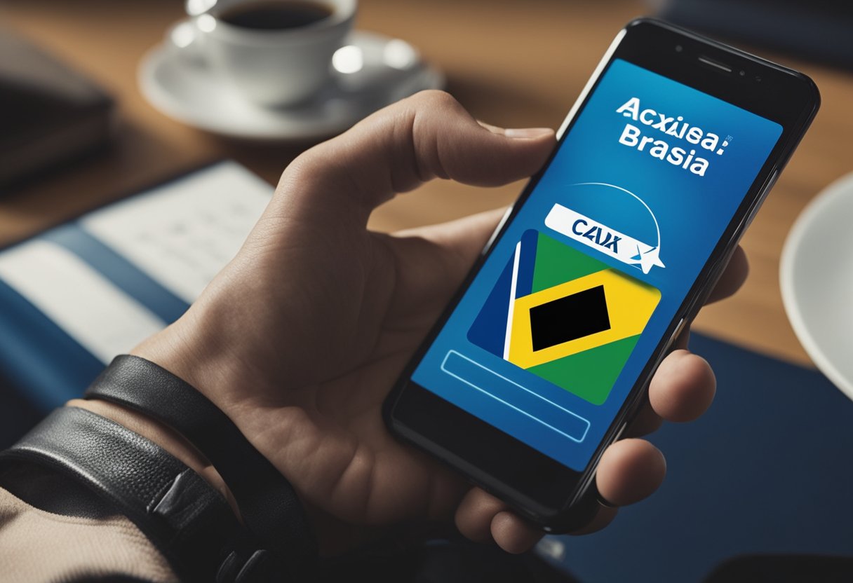 Uma pessoa usando um smartphone para acessar o aplicativo Caixa Tem, com uma representação do programa Auxílio Brasil visível na tela.