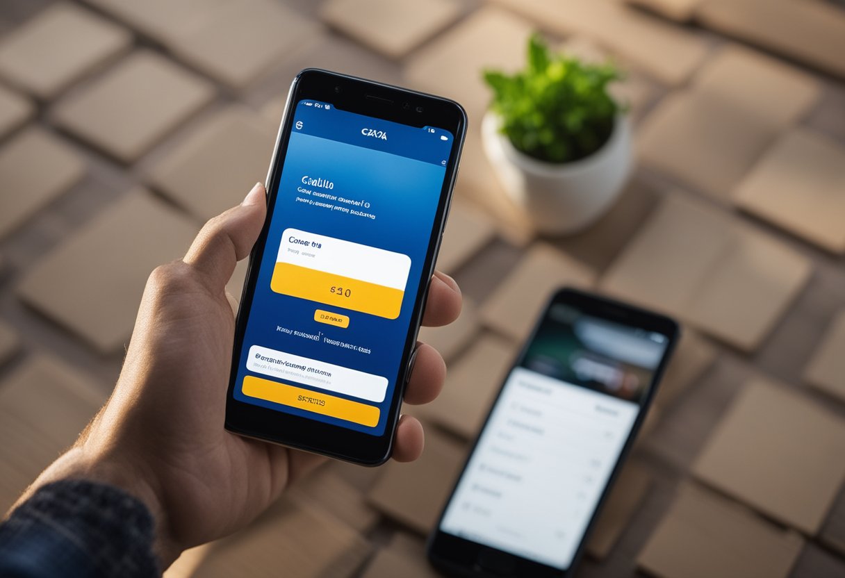 Um smartphone exibindo o aplicativo Caixa Tem com uma barra de progresso indicando o avanço do pagamento do Auxílio Brasil