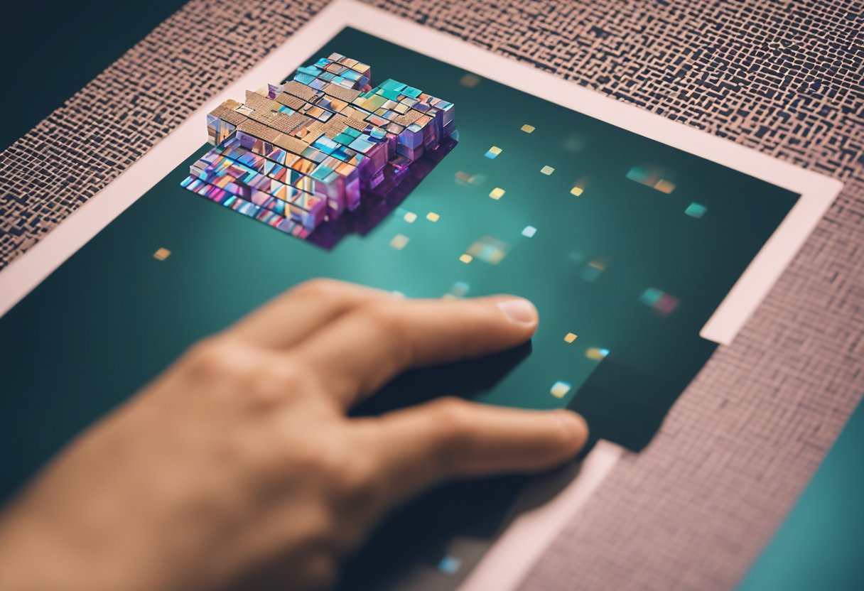 Uma mão alcançando um papel com uma imagem pixelada, enquanto um ícone de borracha digital paira acima dele